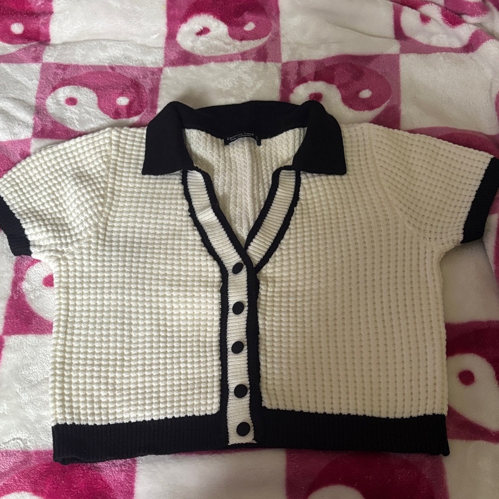 Women's Black and White Button-Up Knit Top